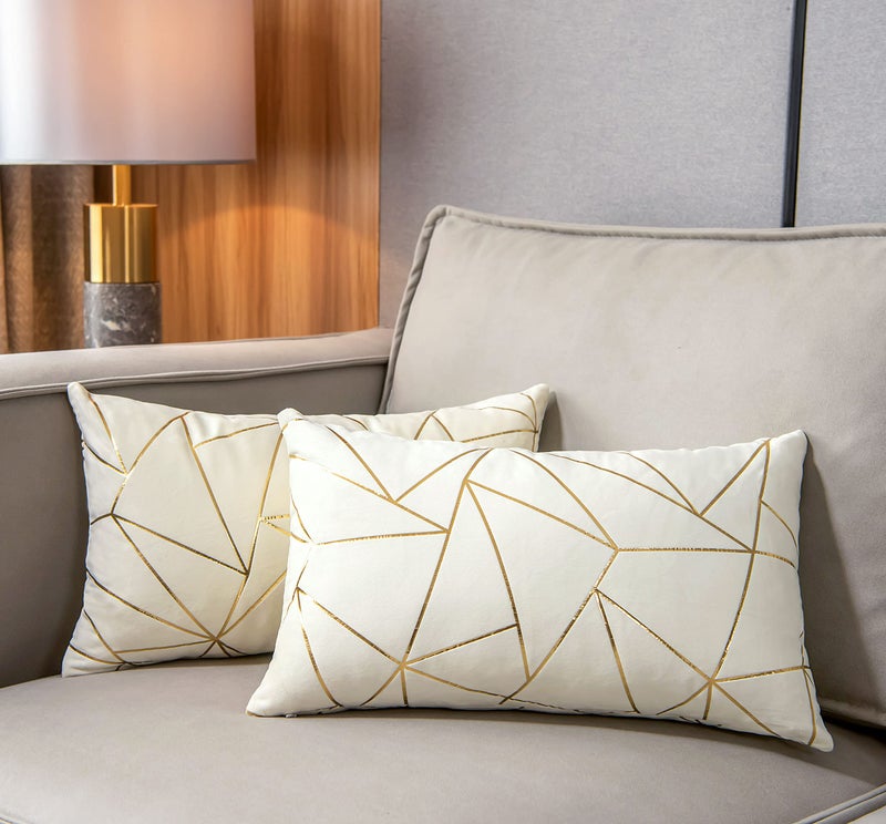 YONGLIU YONGLIU Pack of 2 Velvet Lumbar Throw Pillow Covers Velvet Decorative Soft Gold Foil Geometric Pattern Cute Cushion Case for Modern Homes Sofa Couch Bedroom Living Room Car (White and Gold  12X20 )  - Image 1