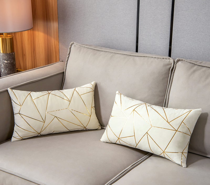 YONGLIU YONGLIU Pack of 2 Velvet Lumbar Throw Pillow Covers Velvet Decorative Soft Gold Foil Geometric Pattern Cute Cushion Case for Modern Homes Sofa Couch Bedroom Living Room Car (White and Gold  12X20 )  - Image 3