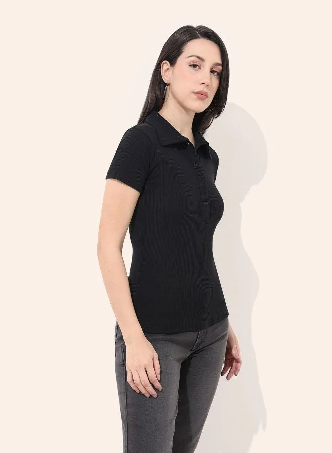 Freehand  Women Regular Fit Solid Collared Neck Short Sleeve Top  | Best Price UAE