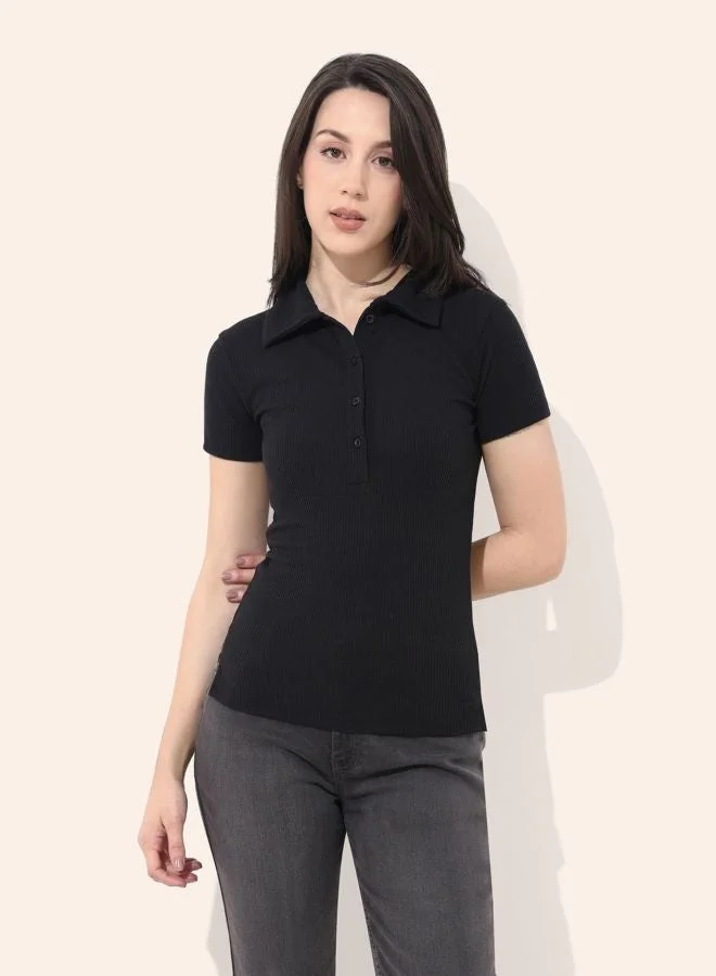 Freehand  Women Regular Fit Solid Collared Neck Short Sleeve Top  | Best Price UAE