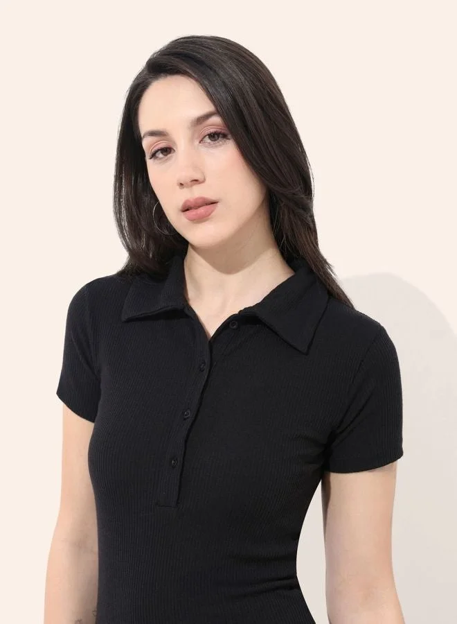 Women Regular Fit Solid Collared Neck Short Sleeve Top