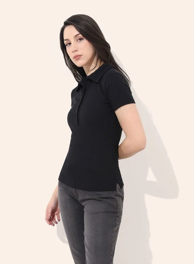 Freehand  Women Regular Fit Solid Collared Neck Short Sleeve Top  | Best Price UAE