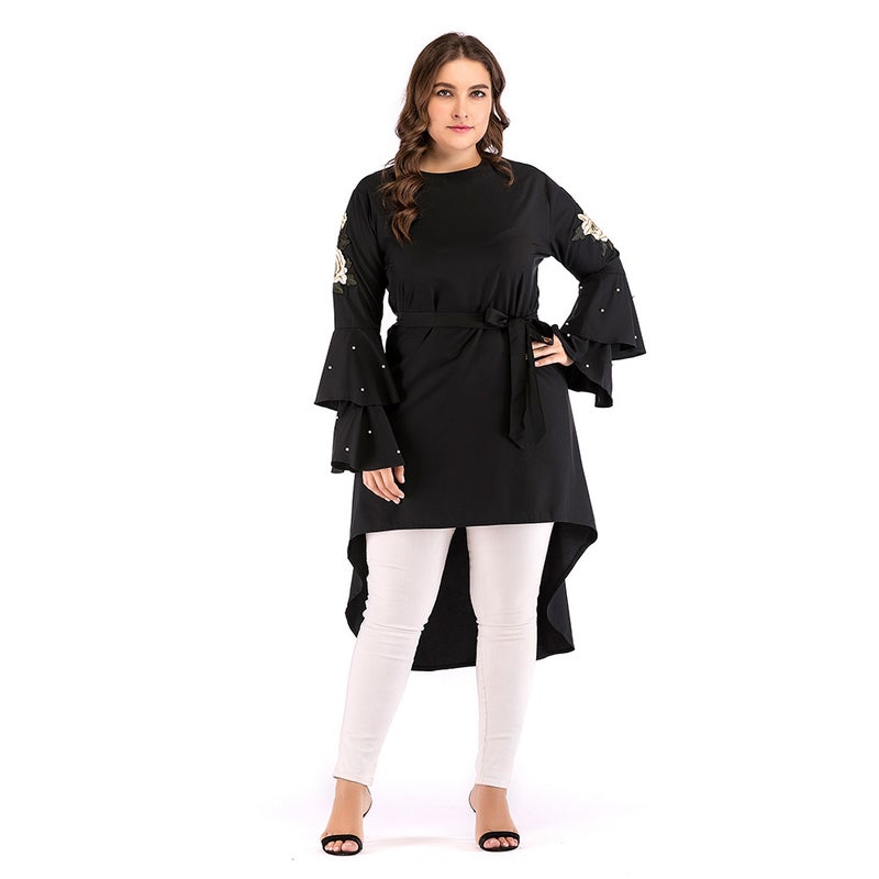 monica fashion Plus Size Women's Embroidered Beaded Blouse Asymmetrical Top - Image 1
