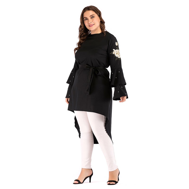 monica fashion Plus Size Women's Embroidered Beaded Blouse Asymmetrical Top - Image 2