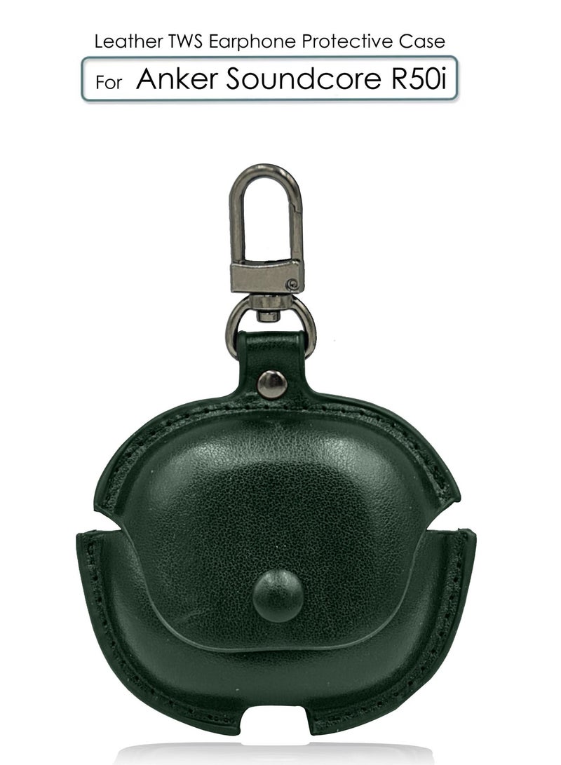 NAFCO Leather TWS Earphone Protective Case with  Metal Hook Compatible For Anker Soundcore R50i  - Flexible Non-Slip , Portable , Anti-Lost Hangable Strip , No Fingerprints, Stopper Dustproof  - Anker Soundcore R50i  - Green - Image 1