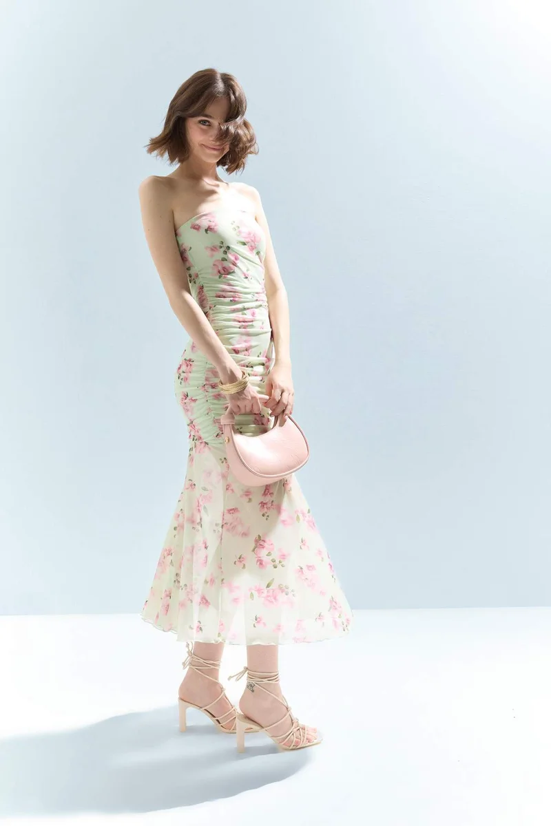 DeFacto Bodycon Strapless Floral Patterned Tulle Maxi Dress