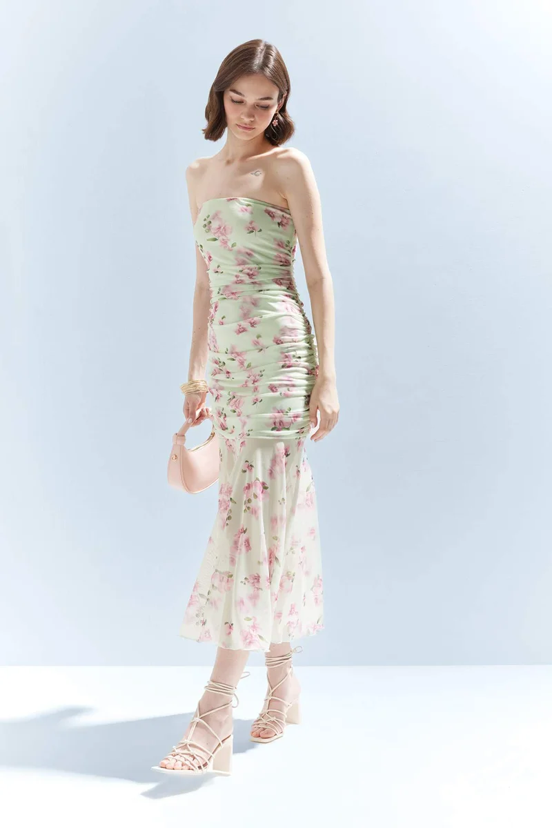 DeFacto Bodycon Strapless Floral Patterned Tulle Maxi Dress