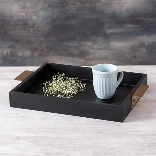 Nestroots Wooden Serving Tray with Golden Handle | Chic Black Server for Snacks, Food & Drinks | Stylish Multipurpose Tray for Dining, Kitchen & Home Dcor (15 Inches) - Image 1
