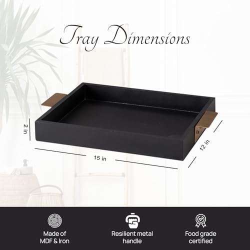 Nestroots Wooden Serving Tray with Golden Handle | Chic Black Server for Snacks, Food & Drinks | Stylish Multipurpose Tray for Dining, Kitchen & Home Dcor (15 Inches) - Image 2