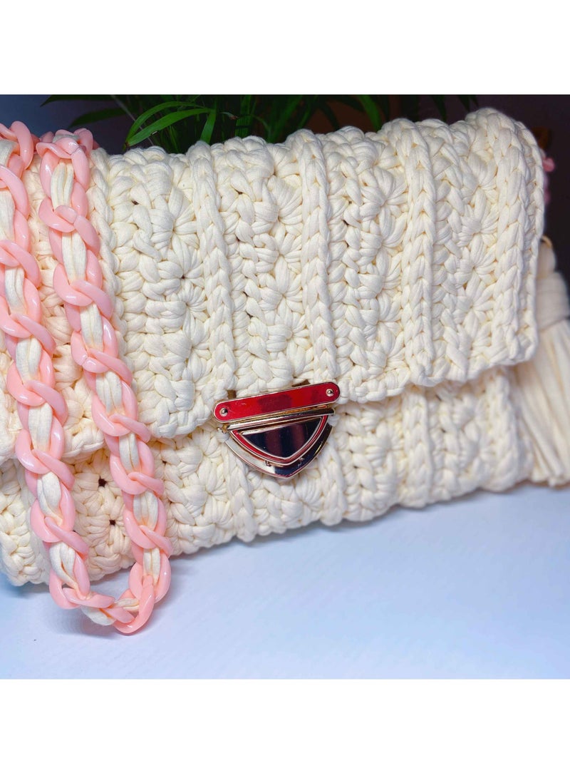 Braidise Creations Elegant Braided Crossbody Off White And Peach Handbag  - Image 5