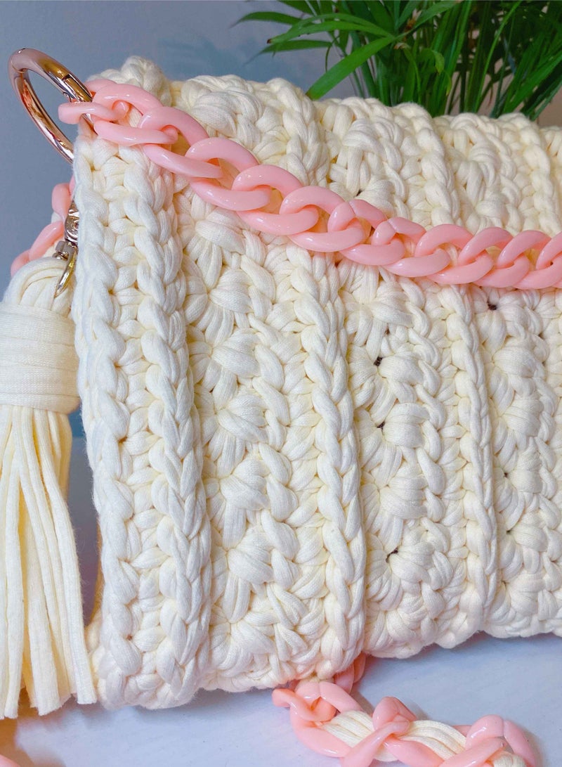 Braidise Creations Elegant Braided Crossbody Off White And Peach Handbag  - Image 4