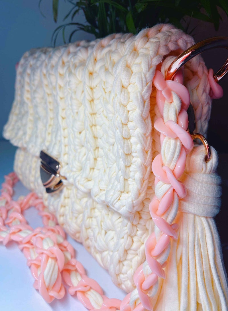 Braidise Creations Elegant Braided Crossbody Off White And Peach Handbag  - Image 1