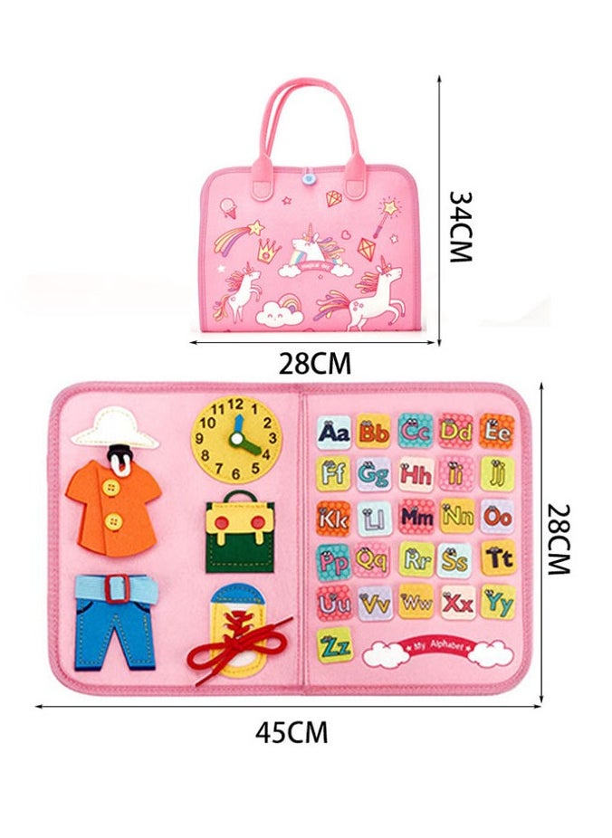 Montessori Toddler Busy Board Early Educational Sensory Toy for Preschoolers Enhances Fine Motor Skills Basic Dressing Practice and Technical Abilities Pink 7 Pages
