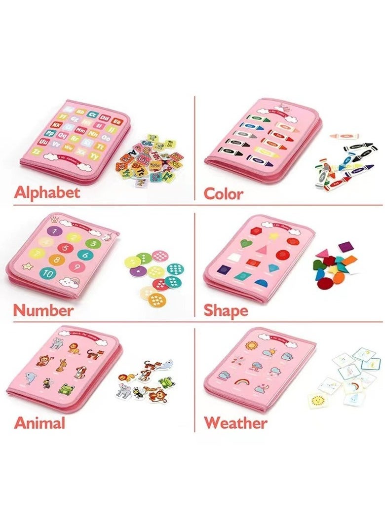 EZGOZ Montessori Toddler Busy Board Early Educational Sensory Toy for Preschoolers Enhances Fine Motor Skills Basic Dressing Practice and Technical Abilities Pink 7 Pages  - Image 2