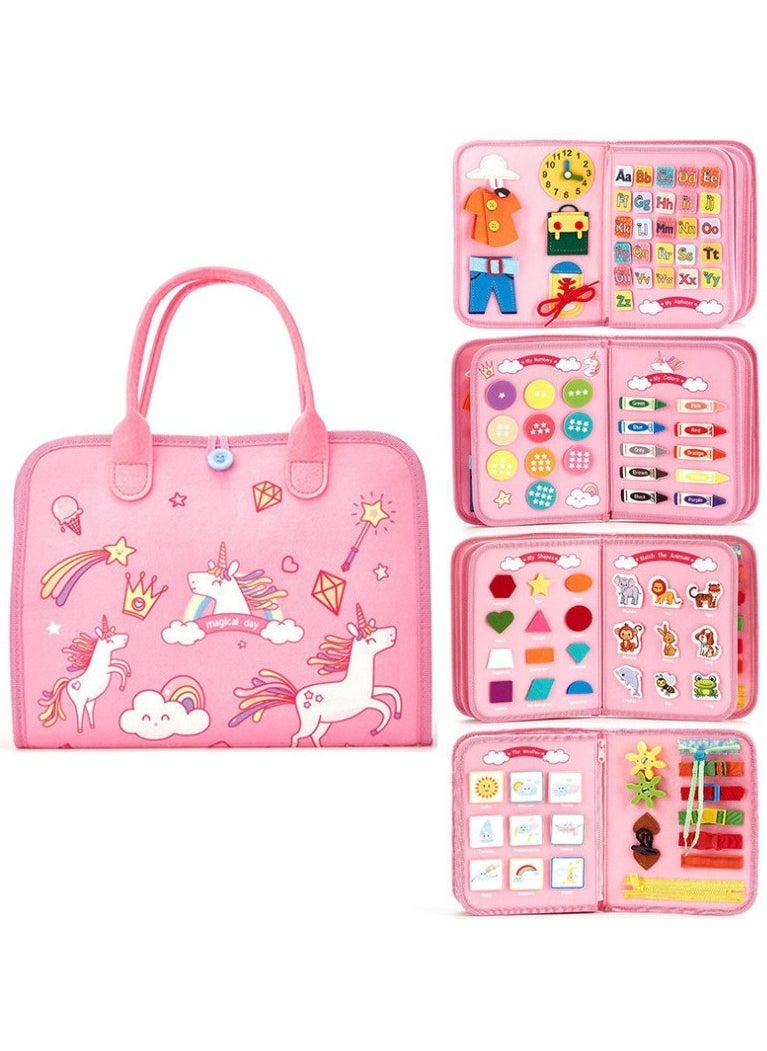 EZGOZ Montessori Toddler Busy Board Early Educational Sensory Toy for Preschoolers Enhances Fine Motor Skills Basic Dressing Practice and Technical Abilities Pink 7 Pages  - Image 1