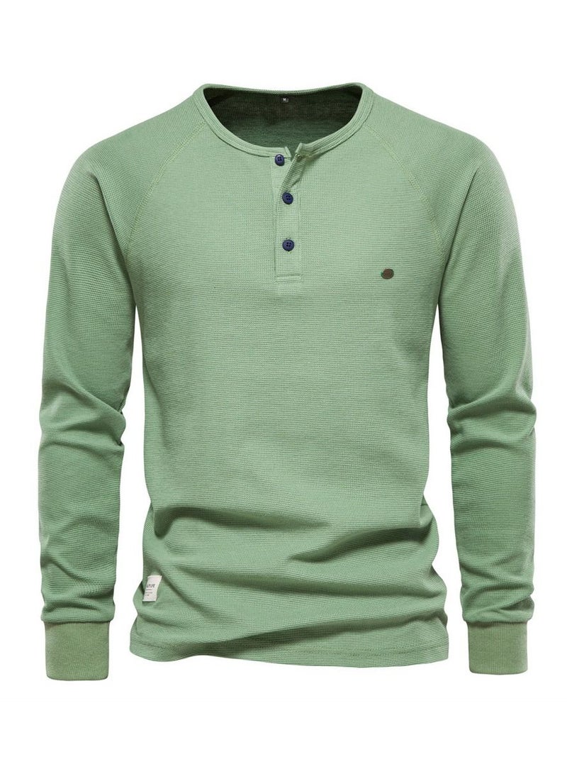 Loquat Autumn/Winter Simple Long Sleeve Waffle Solid Color Men's T-shirt 