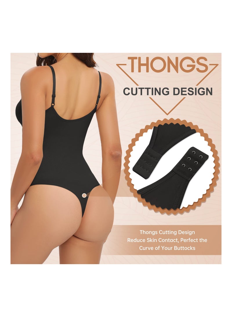 Women Shapewear Tummy Control Sculpting Bodysuit, Body Shaper Thong with Adjustable Straps, Ribbed Slimming Stretchy Underwear, Seamless Waist Trainer Vest (XL) - Image 4