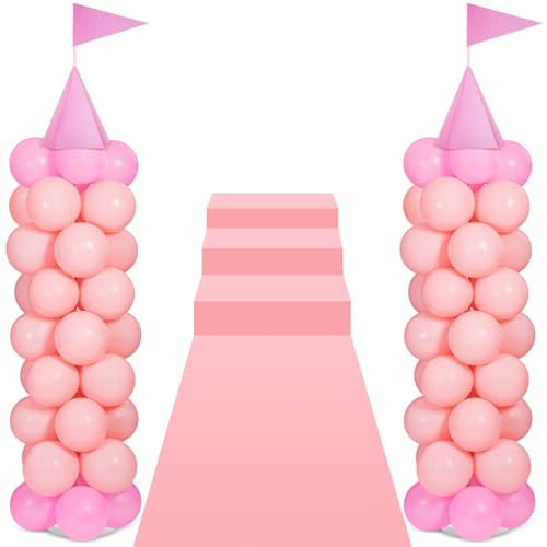 Charnoel 2 Sets Adjustable Pink Princess Castle Balloon Column Stand Kit Includes 140 Pcs Balloons 2 Tricorne Hat 2 Pennant 1 Carpet for Princess Birthday Party Weddings Decoration - Image 1
