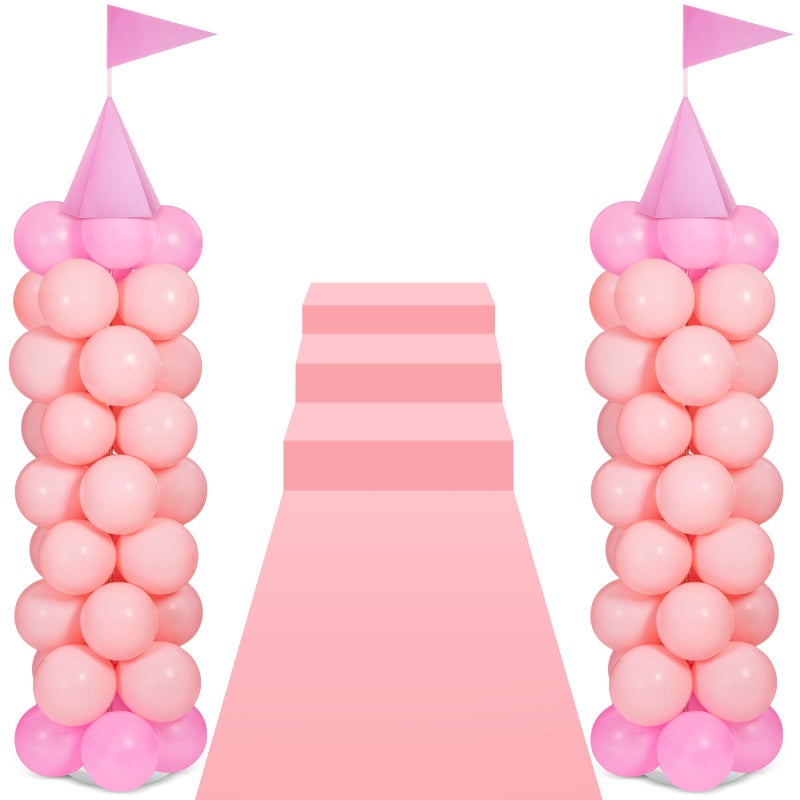 Charnoel 2 Sets Adjustable Pink Princess Castle Balloon Column Stand Kit Includes 140 Pcs Balloons 2 Tricorne Hat 2 Pennant 1 Carpet for Princess Birthday Party Weddings Decoration - Image 3