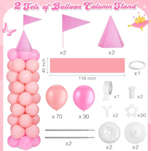 Charnoel 2 Sets Adjustable Pink Princess Castle Balloon Column Stand Kit Includes 140 Pcs Balloons 2 Tricorne Hat 2 Pennant 1 Carpet for Princess Birthday Party Weddings Decoration - Image 5