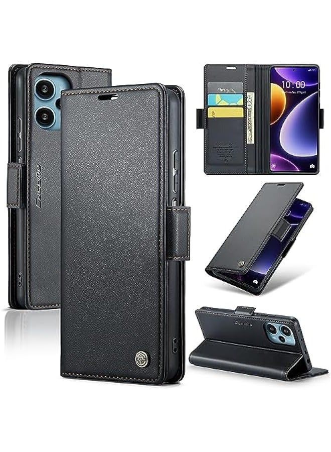 Premium Leather RFID Blocking Wallet Case for Xiaomi Poco F5 - Magnetic Flip Kickstand, Shockproof Phone Case with Credit Card Holder (Black) - Image 1