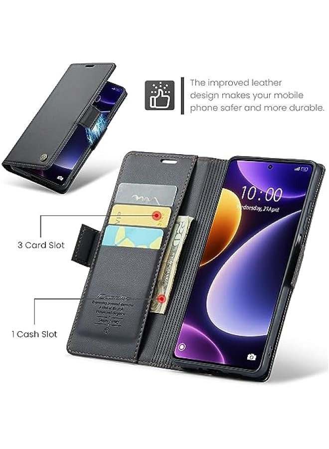 Premium Leather RFID Blocking Wallet Case for Xiaomi Poco F5 - Magnetic Flip Kickstand, Shockproof Phone Case with Credit Card Holder (Black) - Image 3