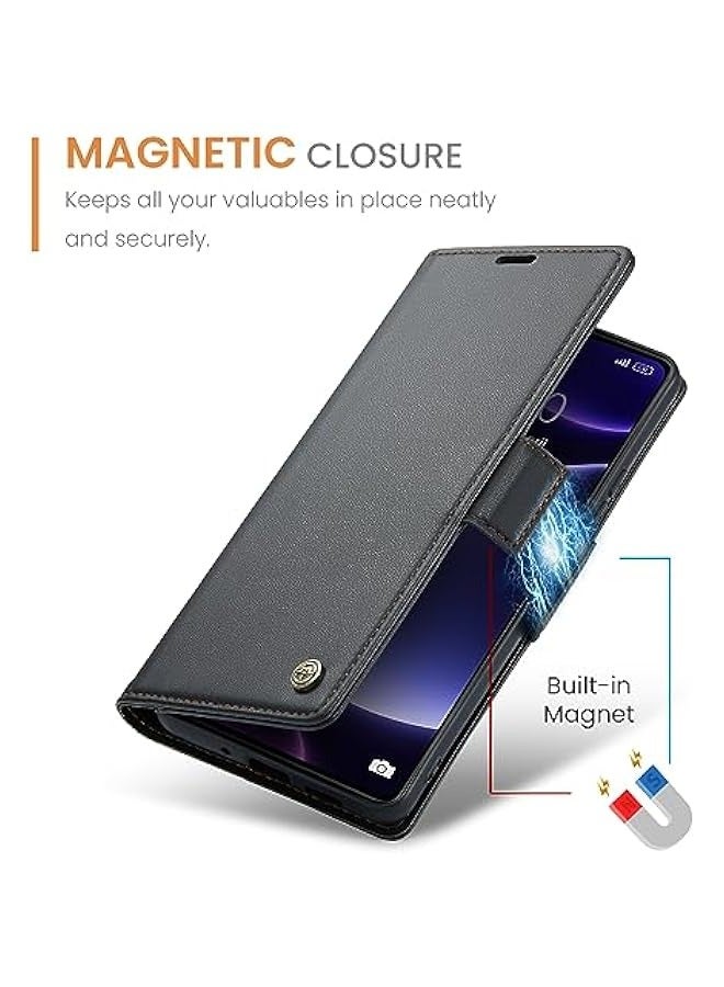 Premium Leather RFID Blocking Wallet Case for Xiaomi Poco F5 - Magnetic Flip Kickstand, Shockproof Phone Case with Credit Card Holder (Black) - Image 4