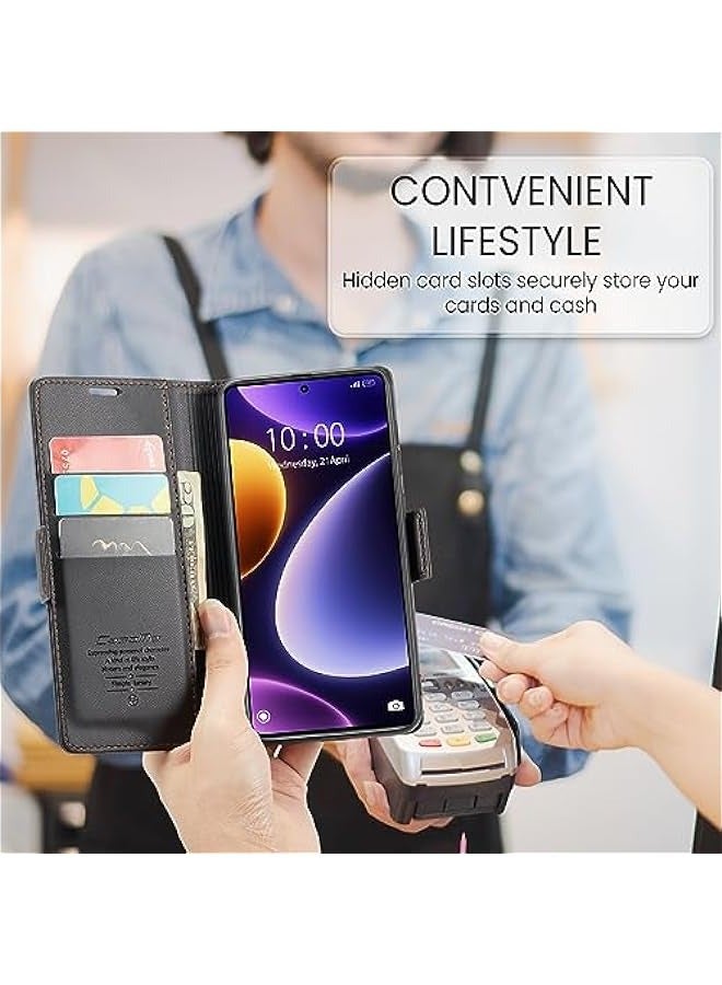 Premium Leather RFID Blocking Wallet Case for Xiaomi Poco F5 - Magnetic Flip Kickstand, Shockproof Phone Case with Credit Card Holder (Black) - Image 5