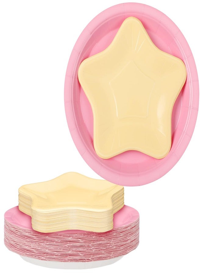 Willinglong 50 Pcs Princess Tea Party Decorations 7 Yellow Star Shaped Paper Plates and 9 Pink Round Paper Plates Disposable Dinnerware Set for Birthday Wedding Baby Shower Party Decorations - Image 1