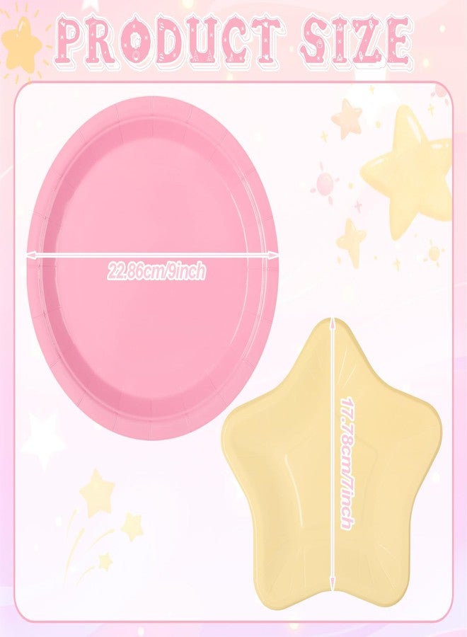 Willinglong 50 Pcs Princess Tea Party Decorations 7 Yellow Star Shaped Paper Plates and 9 Pink Round Paper Plates Disposable Dinnerware Set for Birthday Wedding Baby Shower Party Decorations - Image 2
