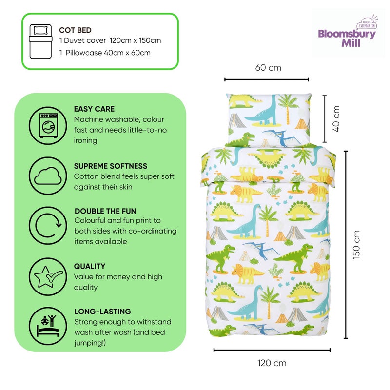 M&Y Bloomsbury Mill - Cot Bed Duvet Cover Set - Toddler Bedding Set For Boys and Girls - Dinosaur Kids Bedding - Cot Duvet Cover & Pillow Case Set - 120x150cm - Image 2