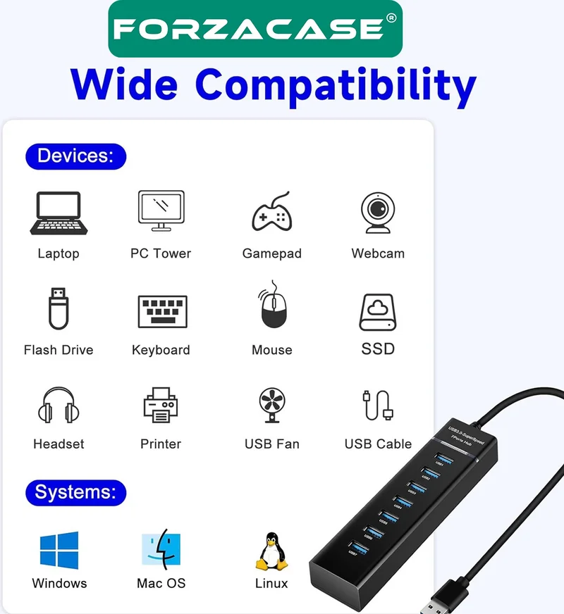 فورزاكاس USB 3.0 To USB 2.0 Port Replicator Hub 7in1 OTG Adapter 7 USB Multiplexer - FC478