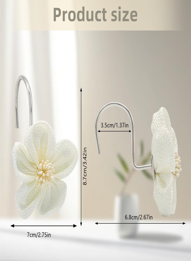 JTDTH Flower Decorative Shower Curtain Hooks, Stylish Fabric Flower Shower Curtain Rings, Fashion Shower Curtain Hangers, 12PCS Shower Hooks for Shower Curtain, Bathroom, Bedroom, Living Room (White) - Image 2