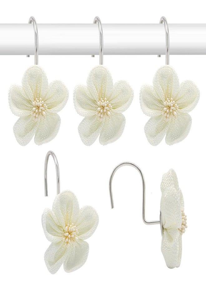 JTDTH Flower Decorative Shower Curtain Hooks, Stylish Fabric Flower Shower Curtain Rings, Fashion Shower Curtain Hangers, 12PCS Shower Hooks for Shower Curtain, Bathroom, Bedroom, Living Room (White) - Image 1