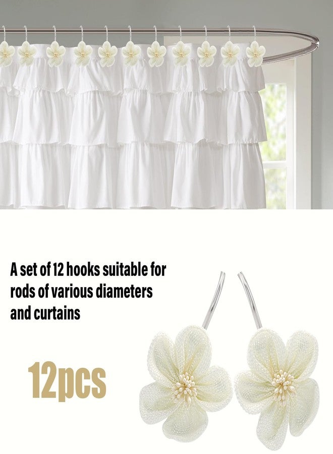 JTDTH Flower Decorative Shower Curtain Hooks, Stylish Fabric Flower Shower Curtain Rings, Fashion Shower Curtain Hangers, 12PCS Shower Hooks for Shower Curtain, Bathroom, Bedroom, Living Room (White) - Image 3