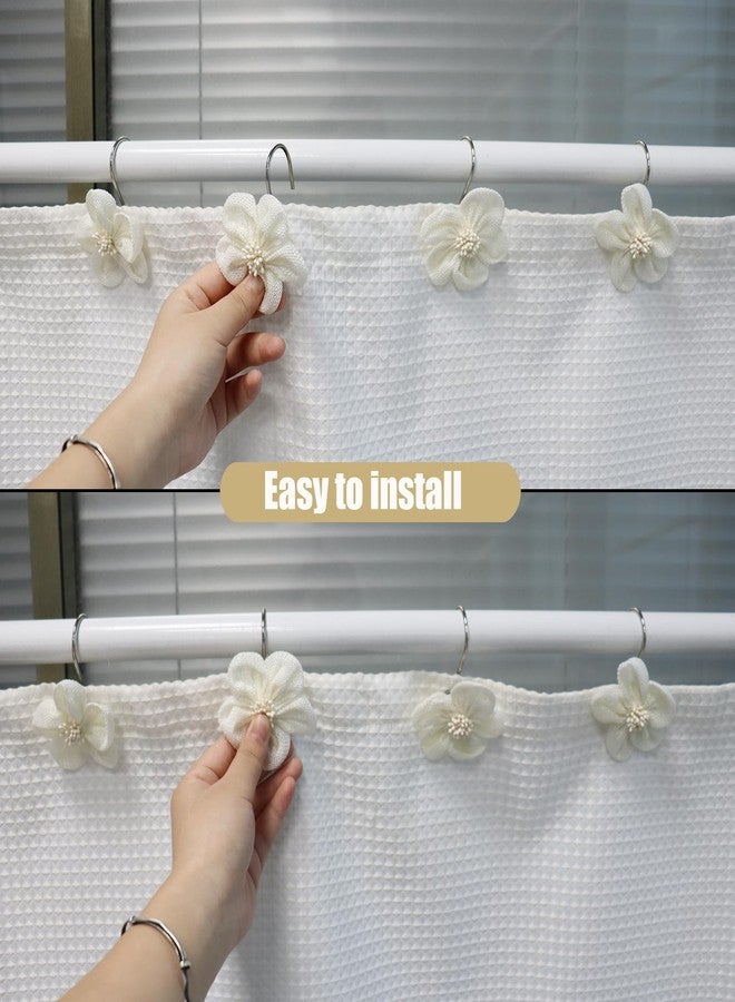 JTDTH Flower Decorative Shower Curtain Hooks, Stylish Fabric Flower Shower Curtain Rings, Fashion Shower Curtain Hangers, 12PCS Shower Hooks for Shower Curtain, Bathroom, Bedroom, Living Room (White) - Image 4