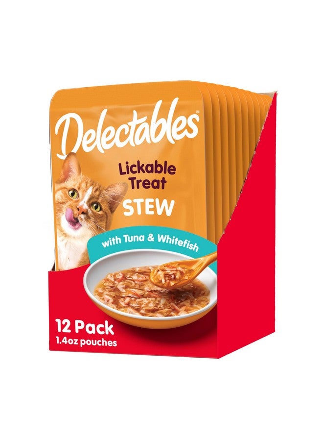 مكافآت القطط الرطبة القابلة لللعق من Hartz Delectables Stew للقطط البالغة والمسنة، سمك التونة والسمك الأبيض، 12 قطعة