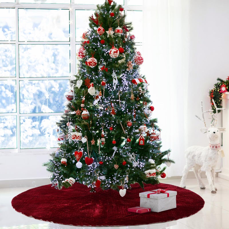 Vertintong 84 Inch Large Christmas Tree Skirt Deluxe Red Velvet Christmas Tree Skirt with Quilted Cuff for 12ft Xmas Home Winter Holiday Party Decorations Burgundy - Image 2