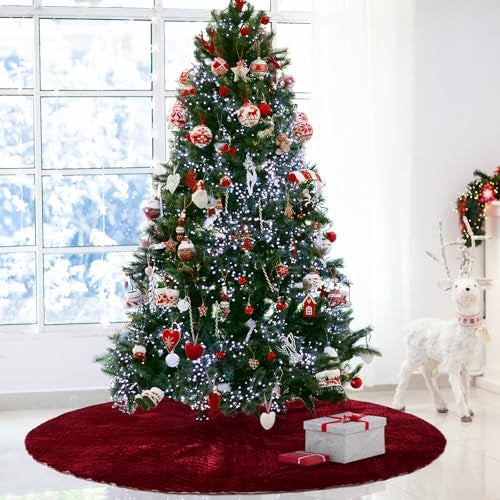 Vertintong 84 Inch Large Christmas Tree Skirt Deluxe Red Velvet Christmas Tree Skirt with Quilted Cuff for 12ft Xmas Home Winter Holiday Party Decorations Burgundy - Image 1
