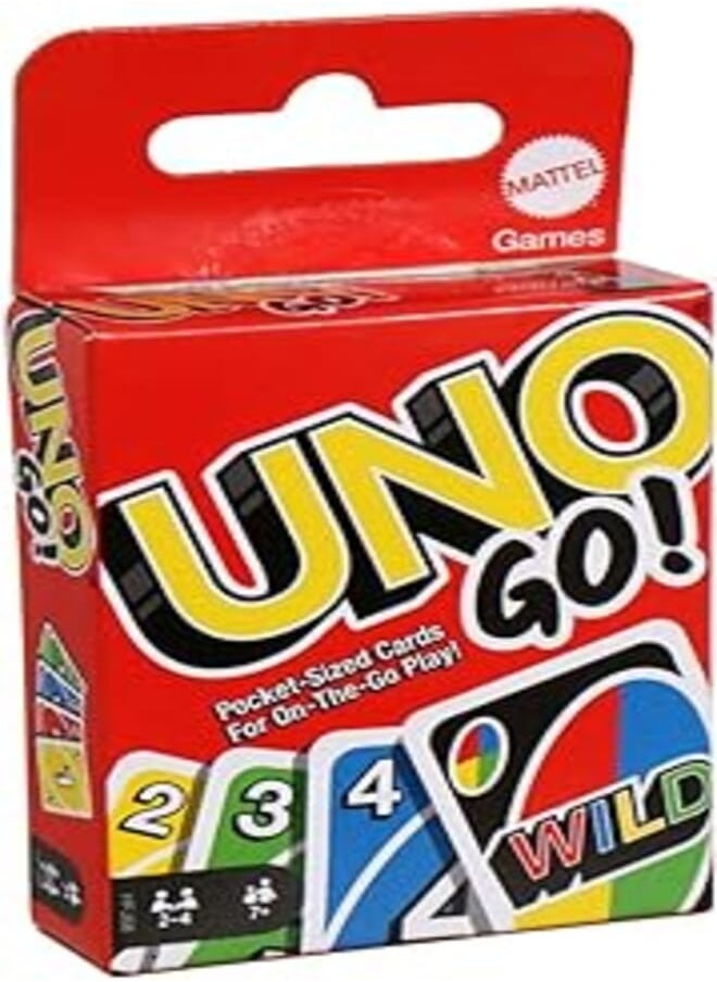 Mattel Games بطاقات UNO GO بحجم الجيب للعب أثناء التنقل، بطاقات لعب صغيرة الحجم للسفر، هدايا تذكارية لحفلات أعياد الميلاد للأطفال والكبار، ليلة اللعب العائلية، متعة مطابقة الألوان 