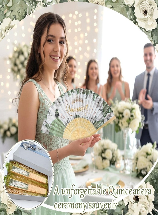 Vicenpal 25set Recuerdos Para 15 Años Quinceañeras Quinceanera Decorations Quinceanera Party Favors for Guests Hand Folding Fans with Organza Bags Mis Quince Gift for Birthday Wedding(Green) - Image 3