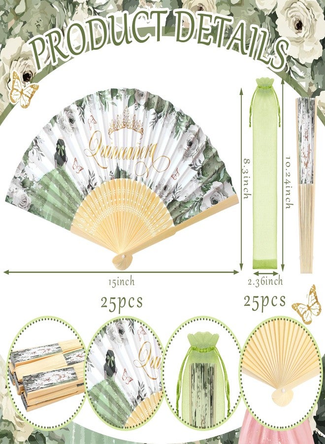 Vicenpal 25set Recuerdos Para 15 Años Quinceañeras Quinceanera Decorations Quinceanera Party Favors for Guests Hand Folding Fans with Organza Bags Mis Quince Gift for Birthday Wedding(Green) - Image 2