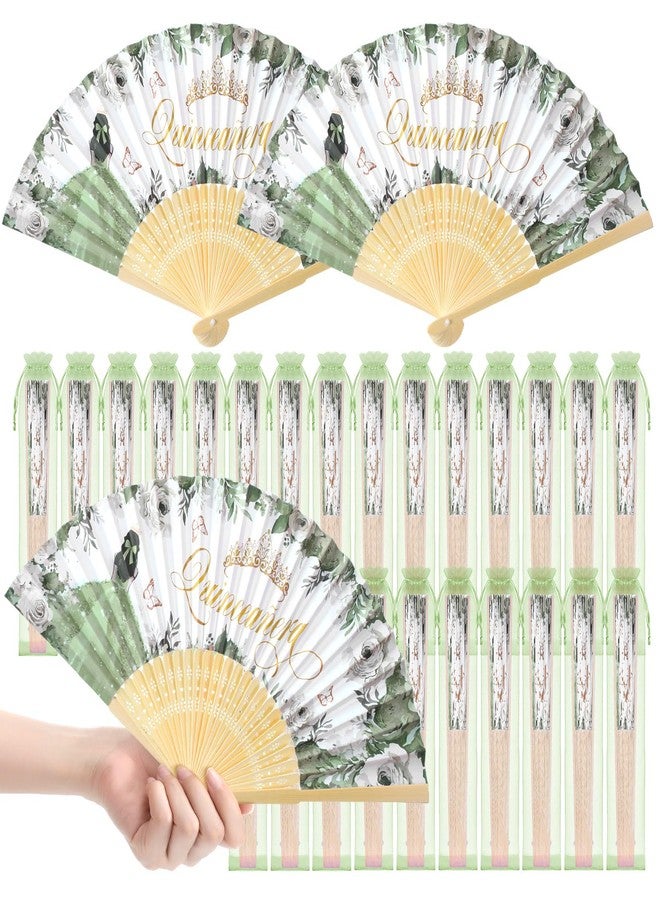 Vicenpal 25set Recuerdos Para 15 Años Quinceañeras Quinceanera Decorations Quinceanera Party Favors for Guests Hand Folding Fans with Organza Bags Mis Quince Gift for Birthday Wedding(Green) - Image 1