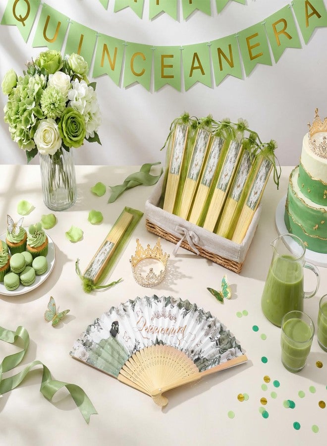 Vicenpal 25set Recuerdos Para 15 Años Quinceañeras Quinceanera Decorations Quinceanera Party Favors for Guests Hand Folding Fans with Organza Bags Mis Quince Gift for Birthday Wedding(Green) - Image 4