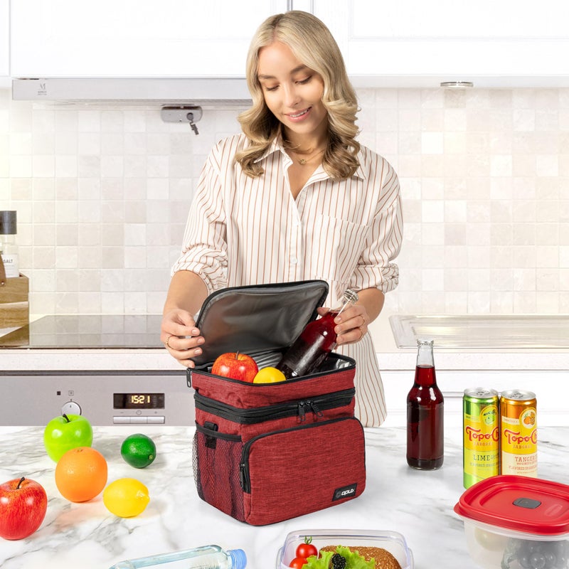 opux Insulated Lunch Bag for Men Women, Large Dual Compartment Cooler Bag, Soft Two Deck Lunch Box for Work School Picnic, Leakproof Lunch Tote with Shoulder Strap for Kid Adult (Red, Double Deck) - Image 3