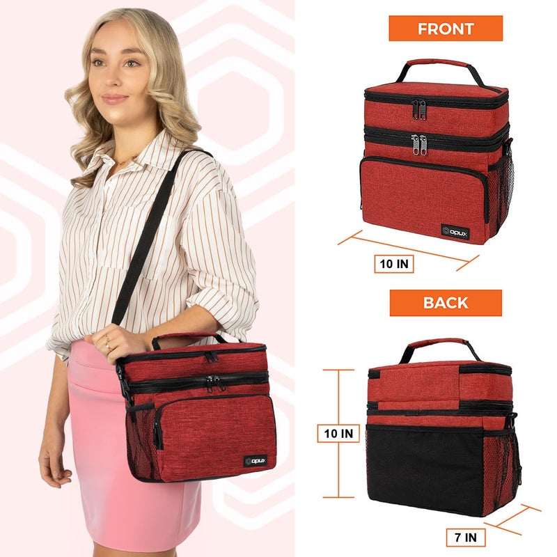 opux Insulated Lunch Bag for Men Women, Large Dual Compartment Cooler Bag, Soft Two Deck Lunch Box for Work School Picnic, Leakproof Lunch Tote with Shoulder Strap for Kid Adult (Red, Double Deck) - Image 2