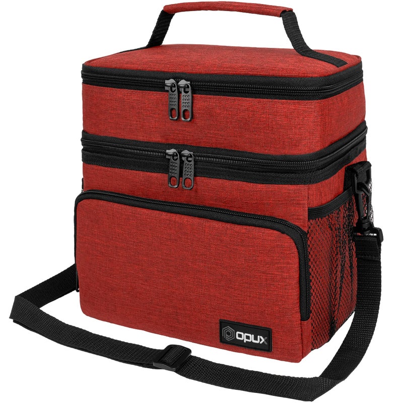 opux Insulated Lunch Bag for Men Women, Large Dual Compartment Cooler Bag, Soft Two Deck Lunch Box for Work School Picnic, Leakproof Lunch Tote with Shoulder Strap for Kid Adult (Red, Double Deck) - Image 1