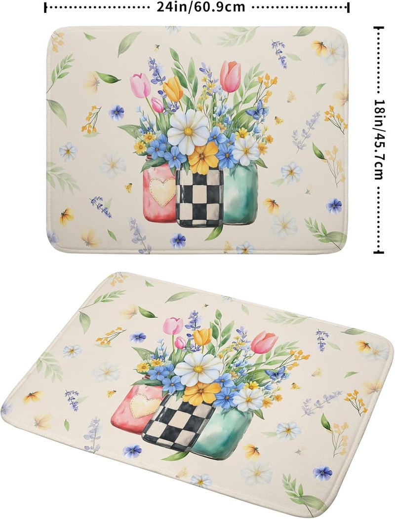 Giwawa Spring Flower Vases Dish Drying Mat for Countertop, 18"x24" Watercolor Floral Mason Jar Dish Drainer Mats, Wildflower Botanical Fast Dry Microfiber Large Dish Drying Pad Decoration - Image 2
