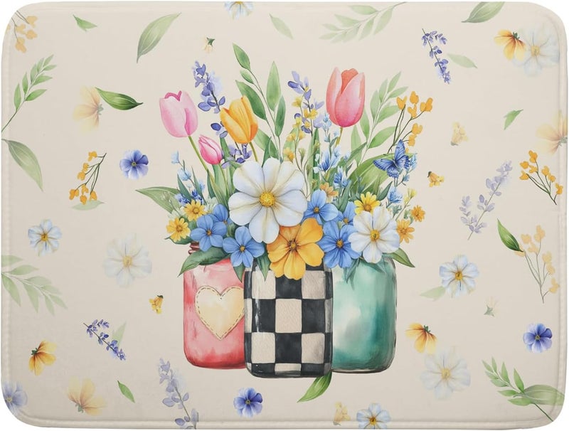 Giwawa Spring Flower Vases Dish Drying Mat for Countertop, 18"x24" Watercolor Floral Mason Jar Dish Drainer Mats, Wildflower Botanical Fast Dry Microfiber Large Dish Drying Pad Decoration - Image 1