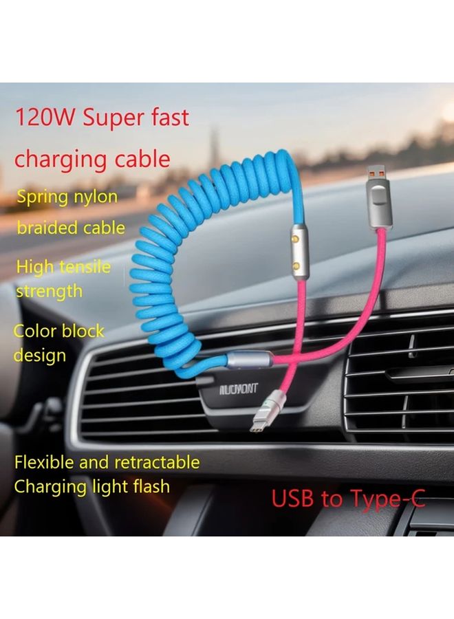 Green Gray 120W USB C Fast Charging Cable Spring Braided Stretchable Travel - Image 1